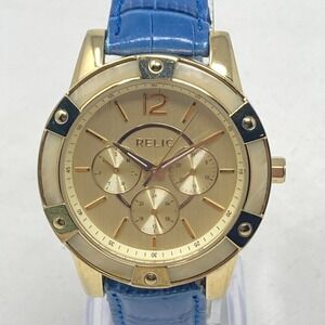 Relic Watch Women 40mm Gold Tone Day Date Resin Bezel Leather New Battery 8.5"